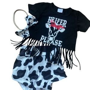 3-6M Baby Girl Cow 3 Piece Outfit, 95% Cotton, Heifer Please Outfit